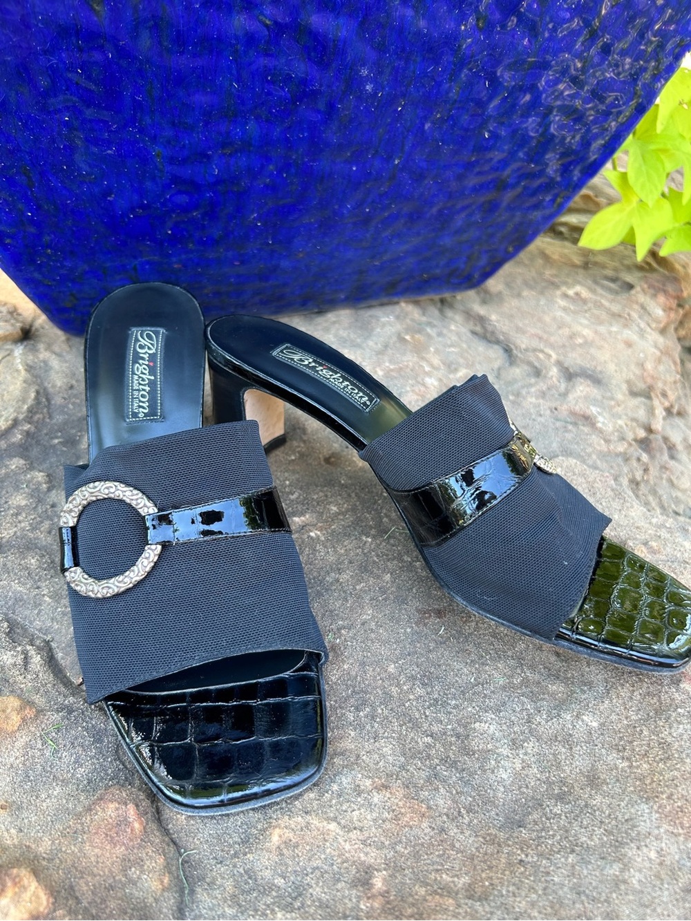 Vintage Y2K Brighton Titian Black Heeled Mules, Made in Italy, Patent croc sz 9